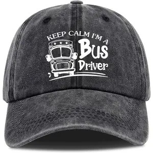 Unisex Vintage Washed Cotton Baseball Cap, Funny "Keep Calm I'm A Bus Driver" Print, 1-Size Black Casual Wear School Bus Hat,summervibes