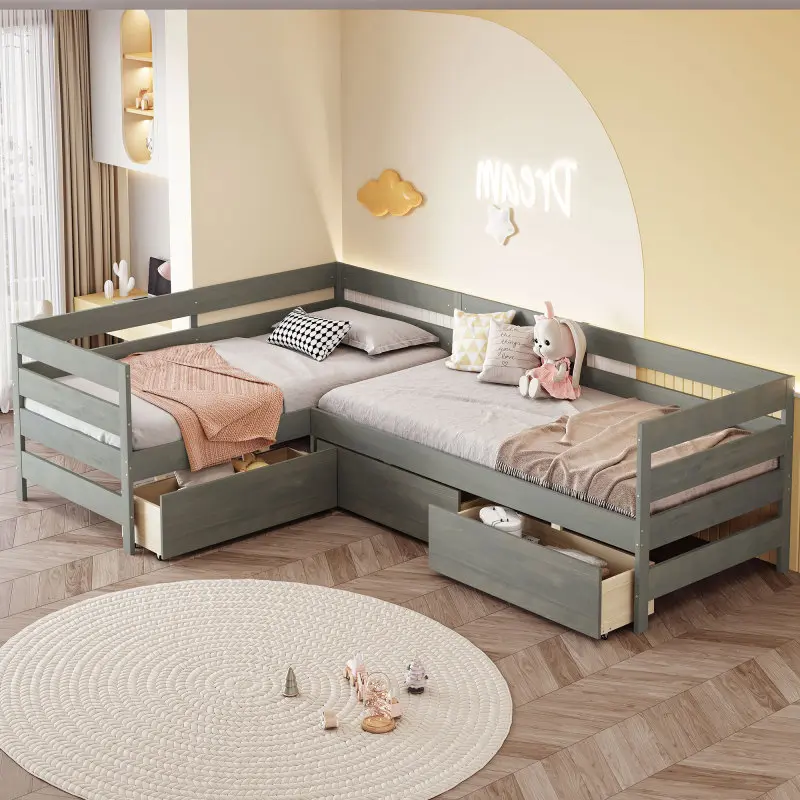 Twin Size L-shaped Platform Bed with 3 Storage Drawers, Wood Corner Twin Bed Frame with Slats, No Box Spring Needed