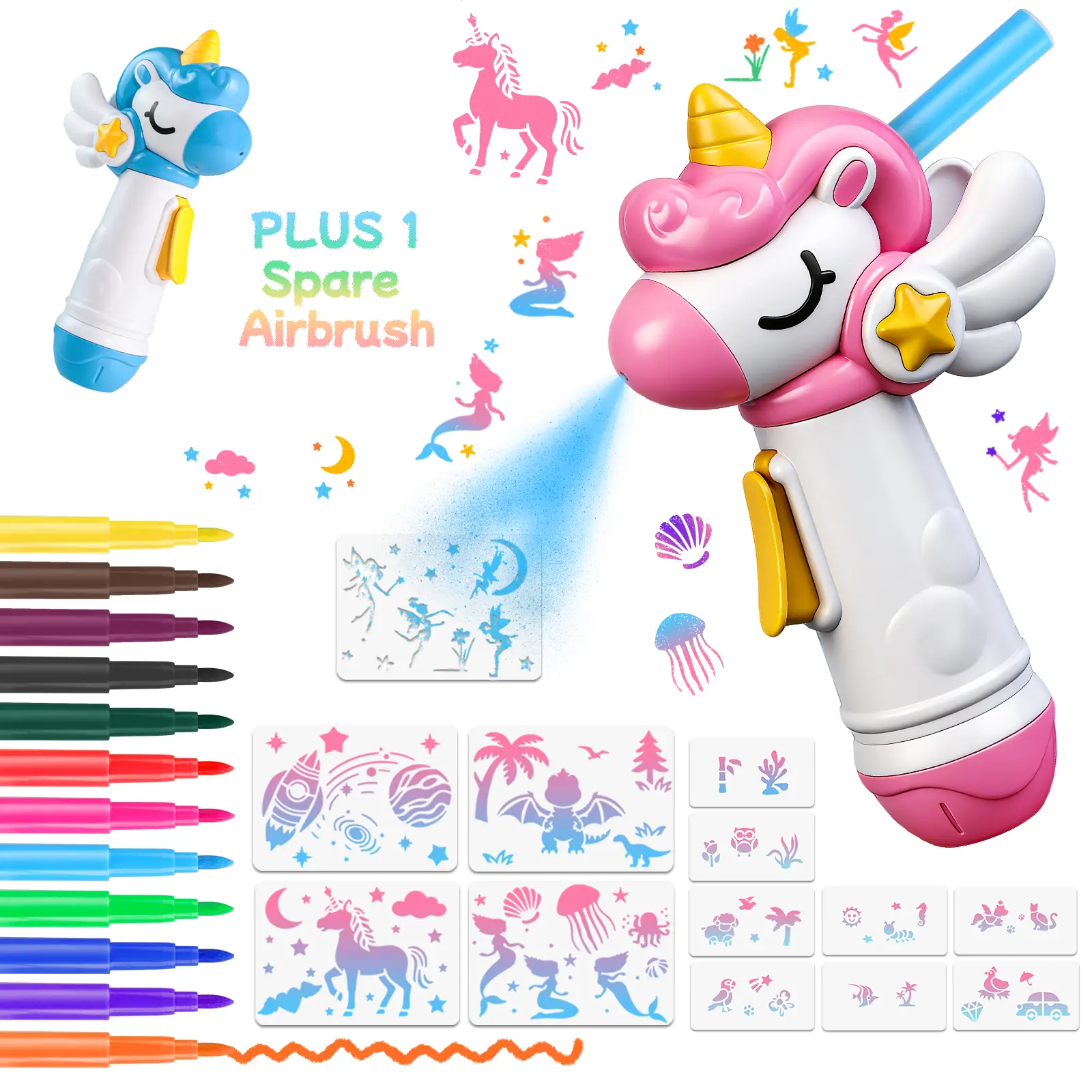 BackToSchool Plus 1 Replacement Kids Graffiti Airbrush Spray Art Kit Washable Drawing Set with 12 Markers and 8 Card Stencils DIY Craft Painting Toy Creative Gift for Children Girls and Boys