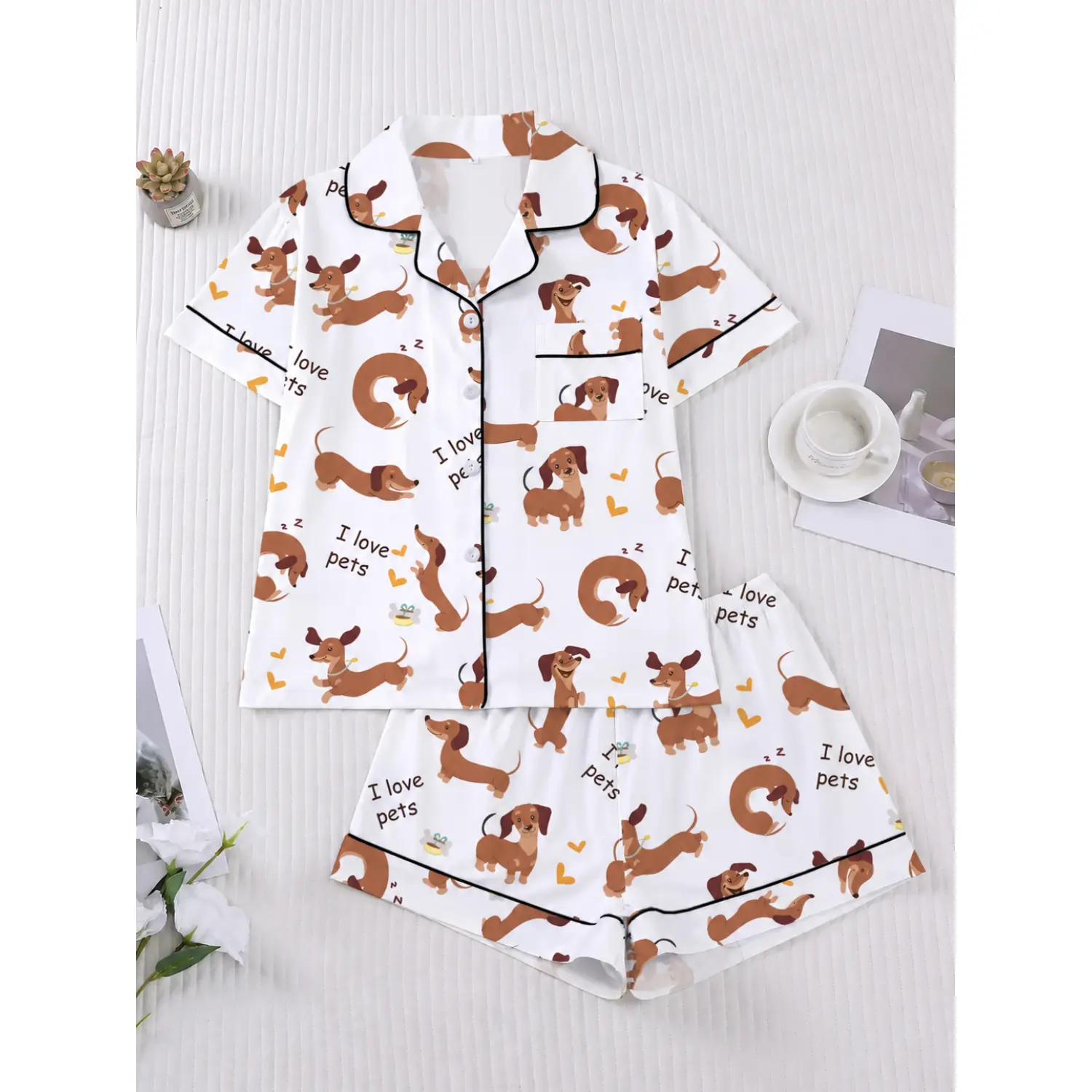 Women's Cartoon Pug Print Pajama Set: Comfy Short Sleeve Button-Up Shirt and Elastic Shorts, Elegant All-Season Loungewear Pajamas