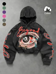 Vintage Washed Eye Ball Cotton Graphic Hoodie with Cross Lip Nail Print, Casual Loose Fit Design for Spring & Fall, Perfect for Friends Gatherings and Daily Campus Wear, Sweatshirts