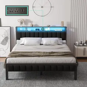 AMERLIFE Modern Metal Bed Frame, Wood & Faux Leather Headboard with Charging Station & 2-Tier Storage Space/No Box Spring Needed/Unique Bedroom Furniture/Home Design/Best Gift Ideas/Christmas Gifts