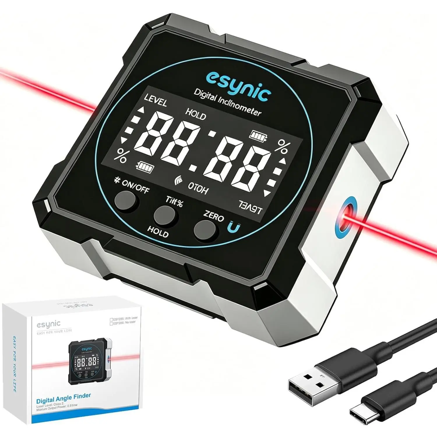 eSynic Durable Digital Level Box with Laser-Type-C Rechargeable 4-Side Magnetic Angle Gauge – 0.05° Resolution-Backlit LCD-for Woodworking/Construction/Auto Repair/Carpenters (Laser Level: Class II)