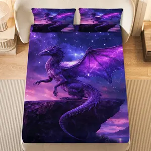 3Pcs Galaxy Purple Dragon Fantasy Fitted sheet Three Piece Set (1*Fitted Sheet+2*Pillowcases, Coreless), Fantasy theme, Dragon Galaxy Bedding Set, Mattress protector Soft, Breathable