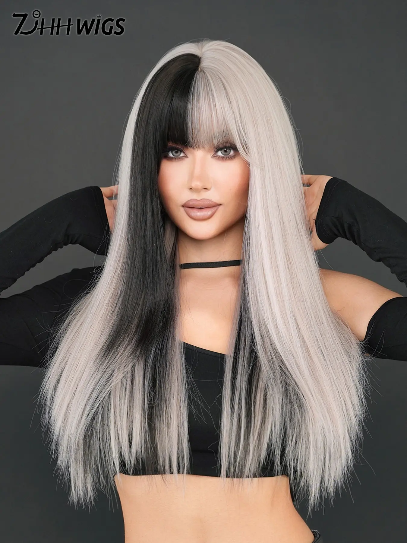 26 Inch Long Straight Long Straight Gray with Black Wigs for Women, 2024 Beginners Glueless Wig, Gorgeous Fluffy Wigs with Bangs, Synthetic Fiber Wigs for Party, Daily  Hairstyles Ideas Use, Synthetic Material Wigs, Artificial Wig