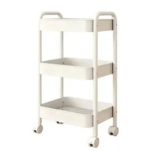 3-Tier Metal Rolling Cart with Wheels Lockable Casters Easy Assembly Large Capacity White Brush TT Shop Home Bedroom Use Hooks Durable Zipper Pouch Winter