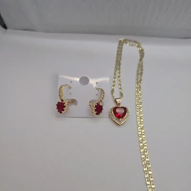VALENTINES DAY fashion set necklace with earrings gold plated red color beautiful hearts