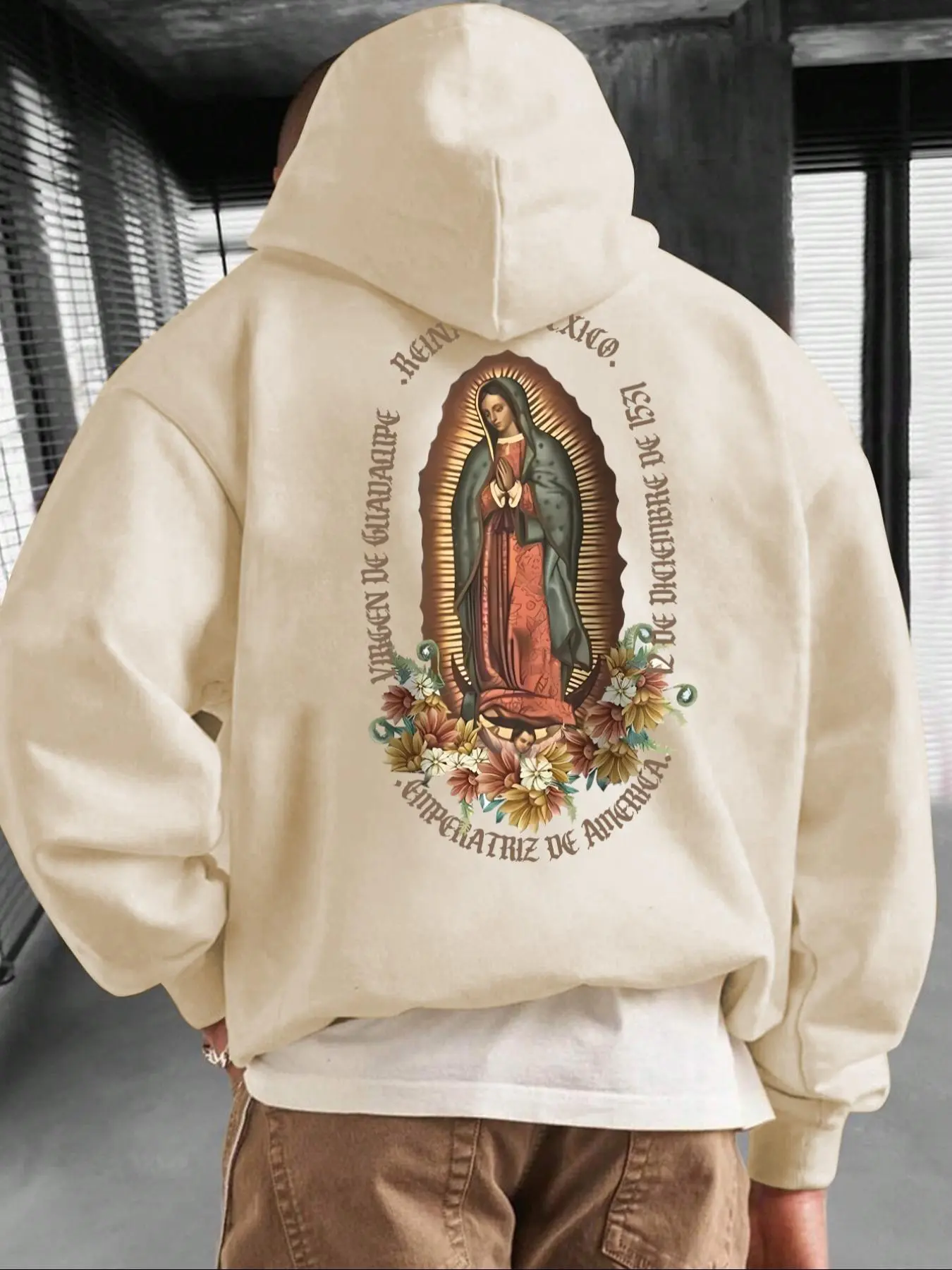Men's Letter, Virgin Mary, Graphic Print Drop Shoulder Aesthetic Hoodie, Casual Regular Fit Drawstring Pocket Hooded Sweatshirt for Daily Holiday Outdoor Wear, Casual Streetwear Sweatshirt, Men Clothes for Fall & Winter, Fashion Hoodies