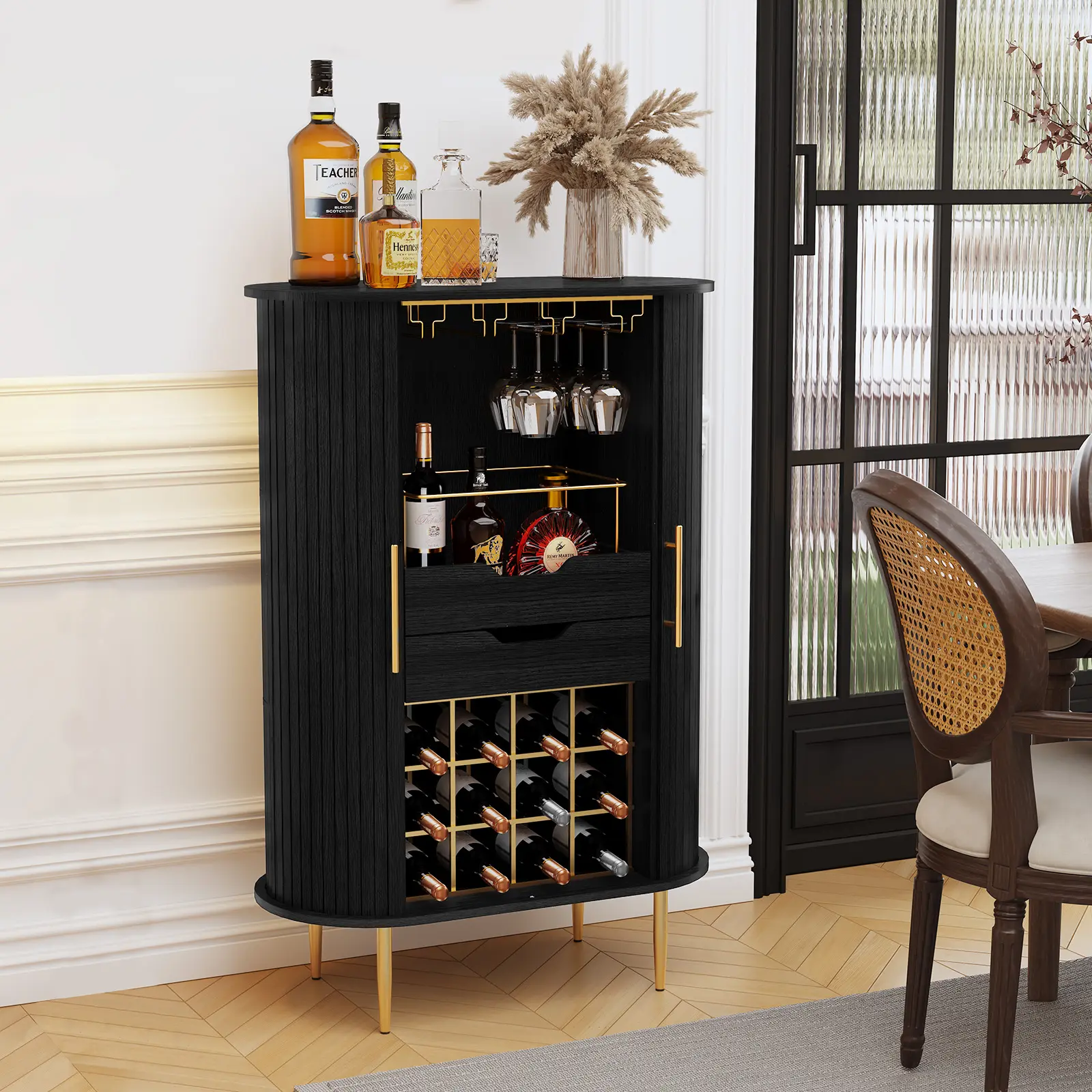 Glam Black Wine Cabinet with Gold Accents & Wine Glass Rack, Aesthetic Mid - Century Modern Freestanding Wine Storage Cabinet for Home Bar/Living Room/Dining Room, Perfect for Wine Enthusiasts & Home Decor Lovers