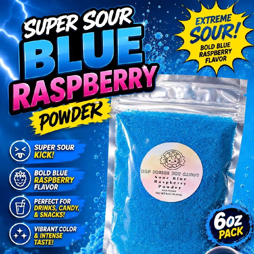 Blue Raspberry Super Sour Powder 6oz bag - Tangy Fruity Flavor for Desserts & Beverages Ideal for Baking & Smoothies Extreme Sour & Tangy