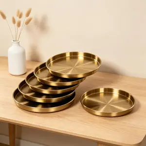 CNCEST 6-Piece Luxury Gold Stainless Steel Serving Trays Set, 12-in Brushed Metallic Display Tray Plates – Decorative Accent Plates for Pastries, Appetizers & Home Decor