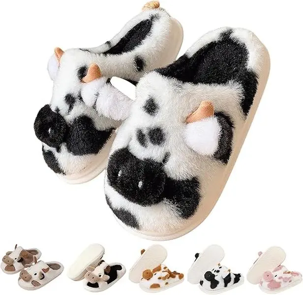 Cartoon Cow Cotton Slippers,Cute Cozy Fuzzy Animal Slippers For Women Men,Winter Warm Plush Comfy Indoor Outdoor Slippers