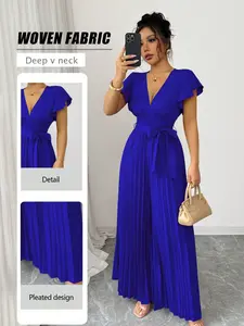New Women's V Neck Pleated Wide Leg Pants, Waist Cinching Slim Fit, Casual Commuter Party, Young Elegant High Waist Skinny Jumpsuit