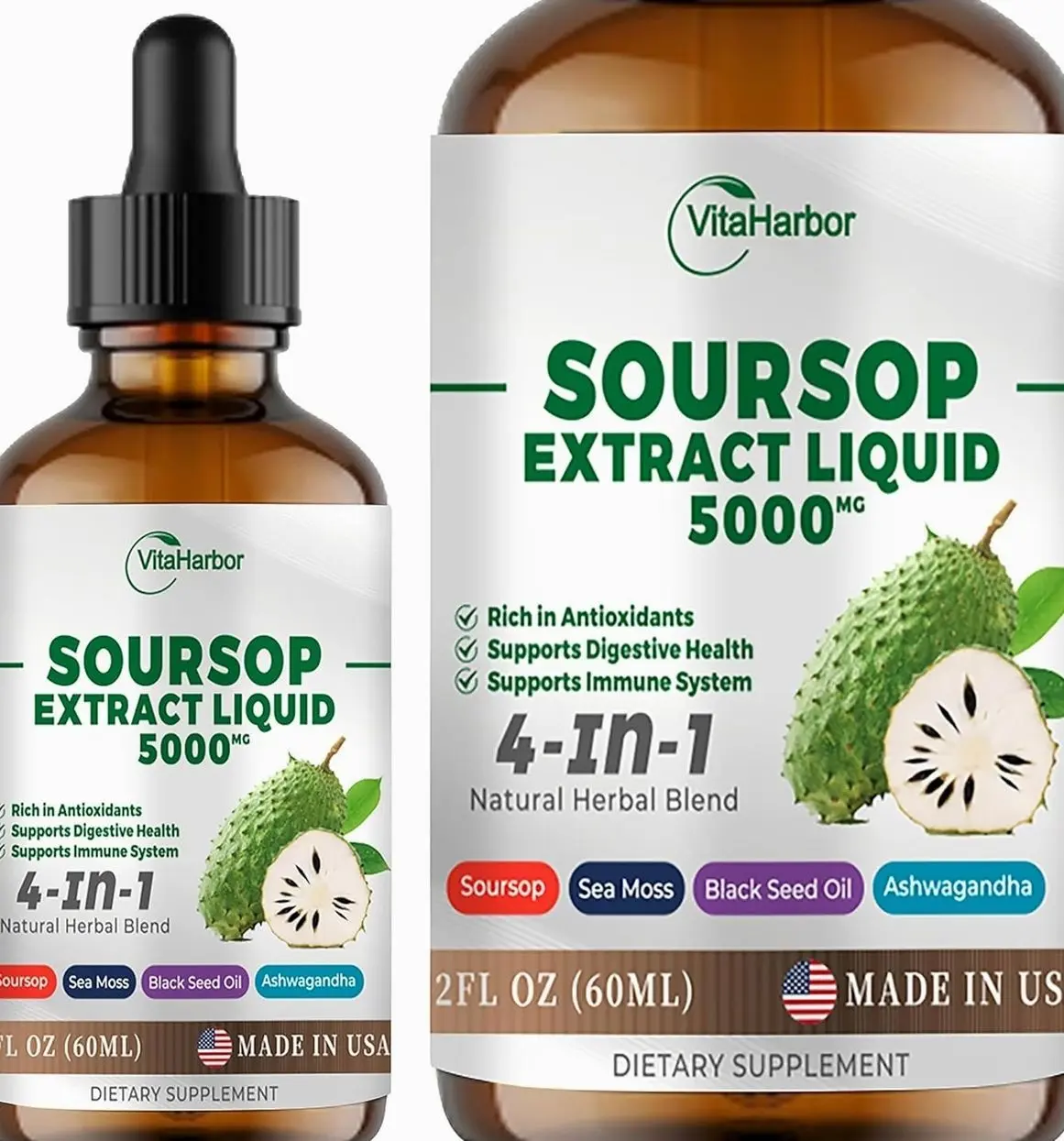 4-in-1 Soursop Bitters Liquid, Soursop Oil with Sea Moss & Black Seed Oil & Ashwagandha, for Immune & Digestive & Cell Support, Sugar-Free | Non-GMO | Vegan (2 Fl oz) Slightly Sweet Flavor