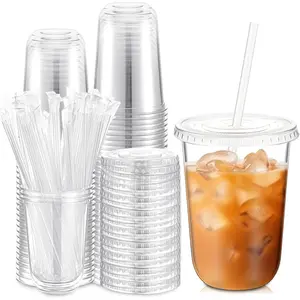50 Sets Clear Round Bottom Plastic Cups with  and Straws, Cute Disposable Drinking Coffee Cups, for Christmas Valentine's Galentine's Day Party Wedding Birthday Supplies (16oz,Clear)