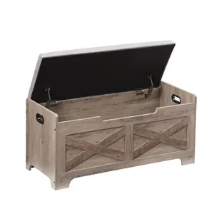 【GARVEE】Storage Chest Lift Top Trunk with 2 Safety Hinges Barn Style Wooden Bench Seat Cushion Large for Entryway Bedroom Living Room