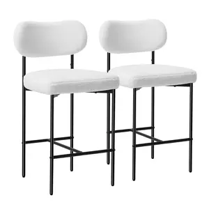 HOMMPA 26'' Bar Stools Set of 2 Boucle Counter Height Barstools Set Upholstered Modern Bar Stools Chairs with Back Metal Legs for Kitchen Island Counter White