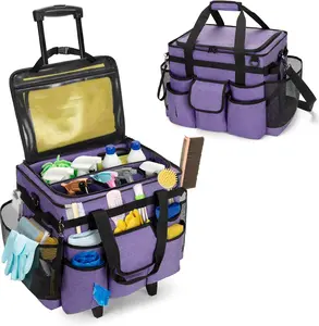 Rolling Cleaning  with Lid, Cleaning Supplies Organizer with Detachable Trolley, Cleaning  Cart on Wheels with Handle and  Strap for Housekeepers, Purple, Bag Only