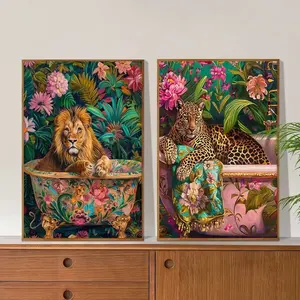 2pcs Lion Poster in Modern Bosch Bathtub Colorful Dopamine Art Canvas Decorative Painting Bathroom Home Frameless Hanging Painting Floral Leopard Print