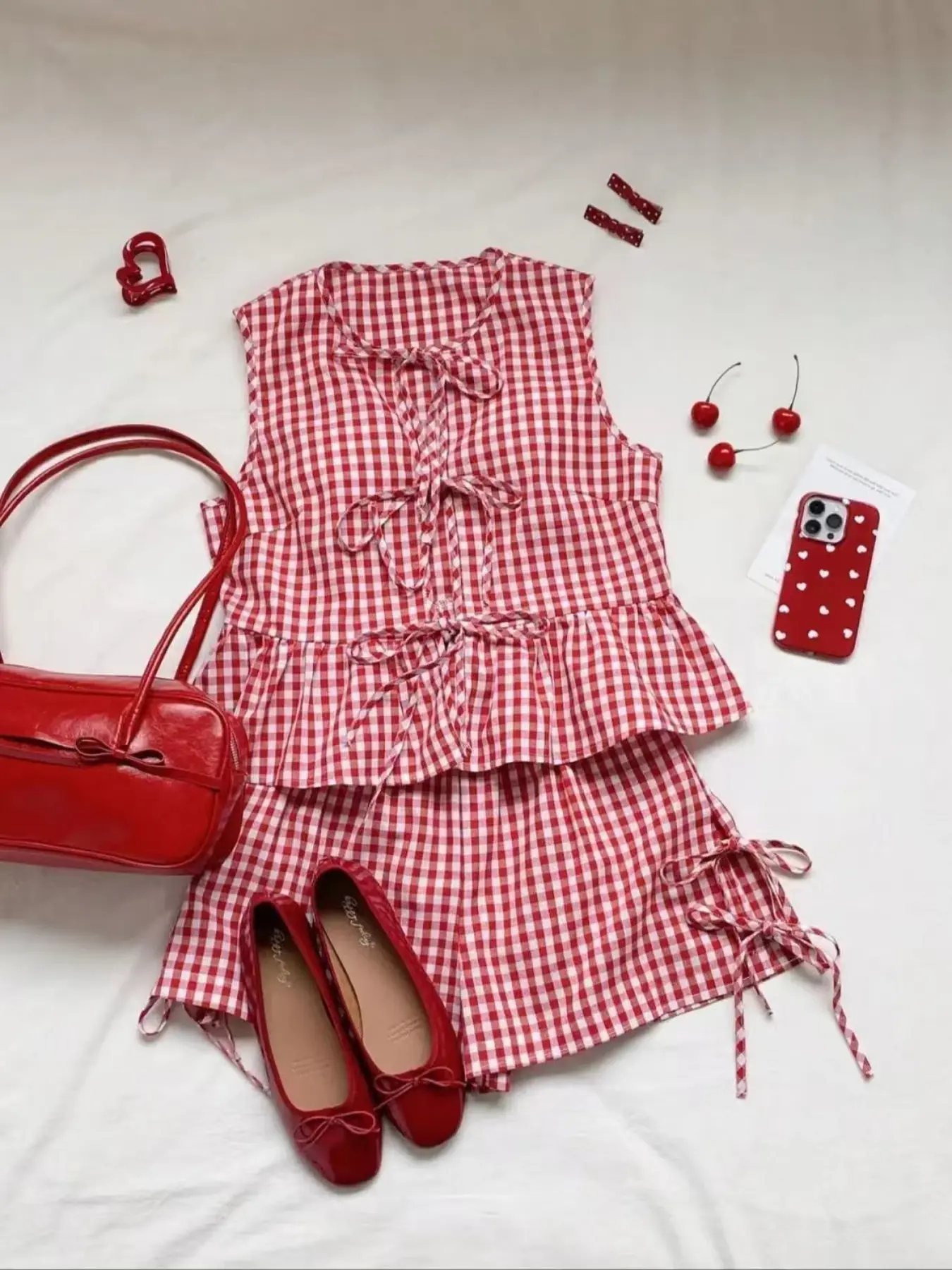 1PCS Gingham, Ruffled Sleeveless Tie-Front Peplum Top + Drawstring Shorts Set, Adjustable, Feminine, Women's Preppy Two-Piece Outfit, Round Neck Ruffle Hem Blouse + Elastic Waist Shorts with Side Ties, Casual Summer Outfit for Daily, Date, Vacatio