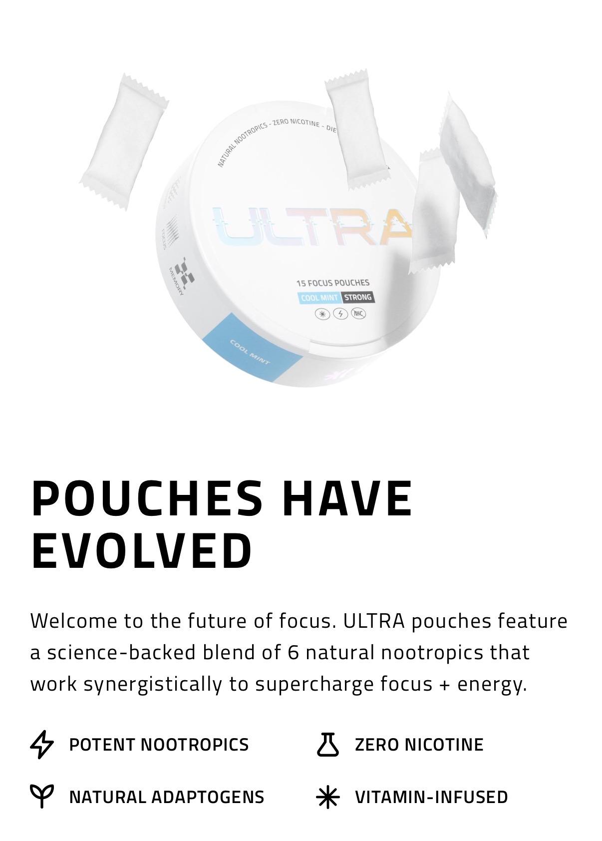 Ultra Focus Pouches (Tropical) - Nootropics with 6 Clean Ingredients for Sharp Focus Smooth Energy Enhanced Cognition Nicotine-Free Caffeine-Free No Jitters Crash or Dependency