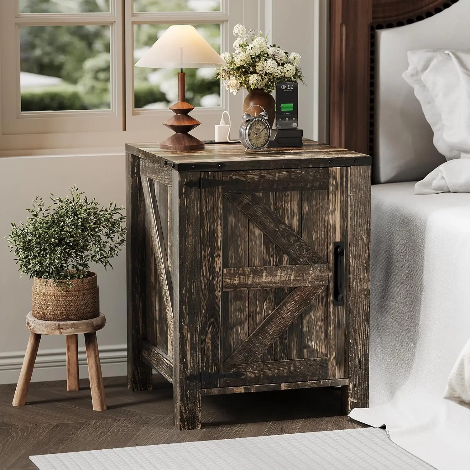 18" Nightstand with Charging Station, Farmhouse Wooden Bedside Table with Barn Door & Adjustable Shelf, Two-Tier End Table for Bedroom, Living Room