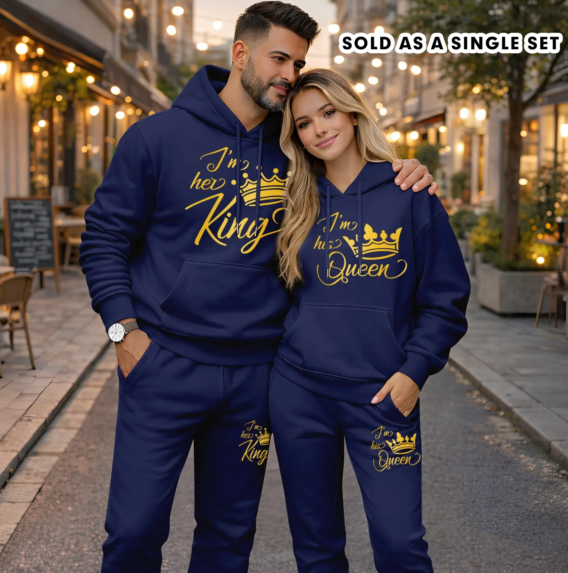 Men's 2-Piece Workout Set - Long Sleeve Polyester Minimalist King & Queen Print Hooded Sweatshirt with Drawstring Pants, Cozy Mensfashion Sporty Chic Athletic Activewear Tracksuits for Autumn Winter Casual Wear