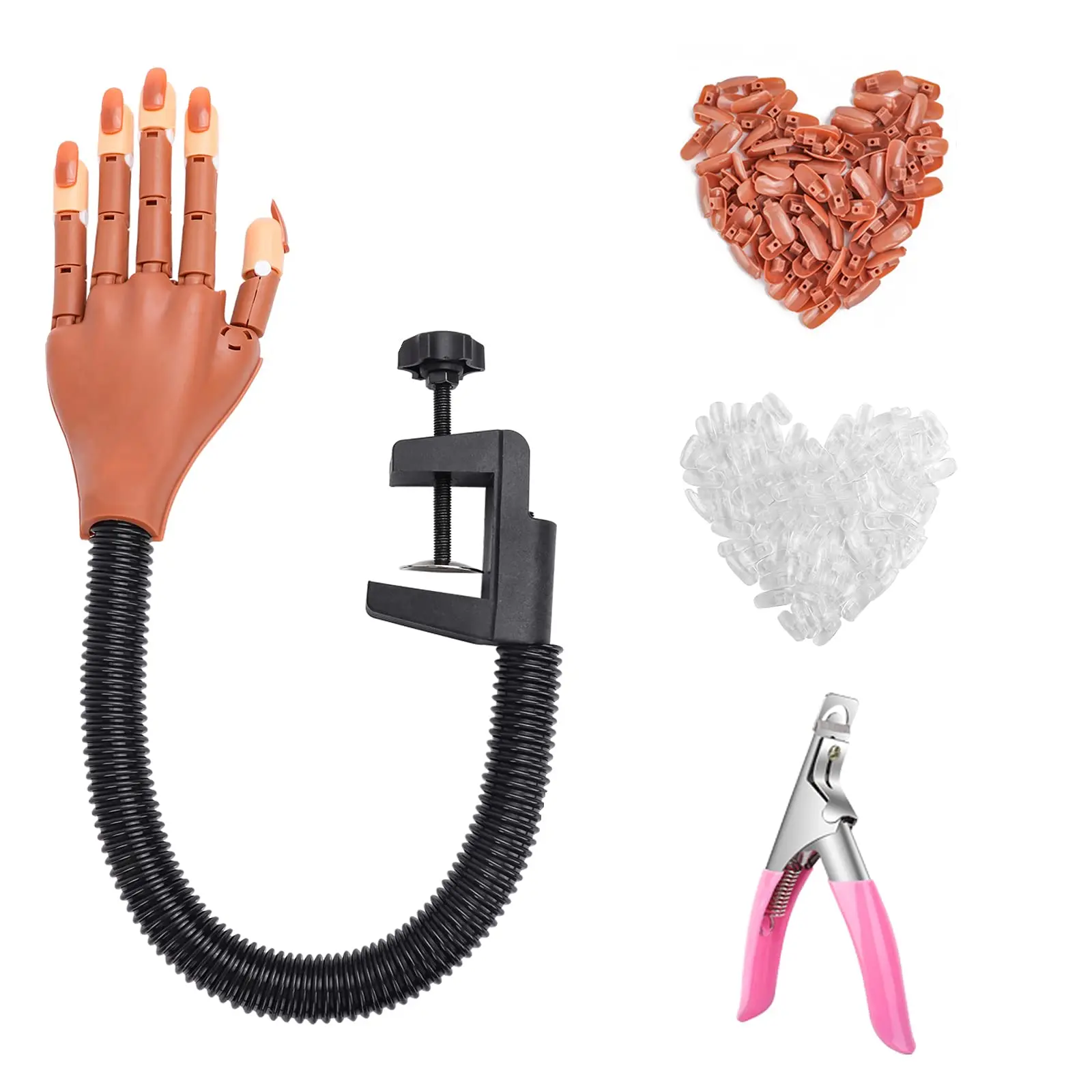 Practice Hand for Acrylic Nails-Flexible Moveable Fake Hand for Nail Practice, False Nail Mannequin Hands Training with 200PCS Replacement Tips and 1 Clipper