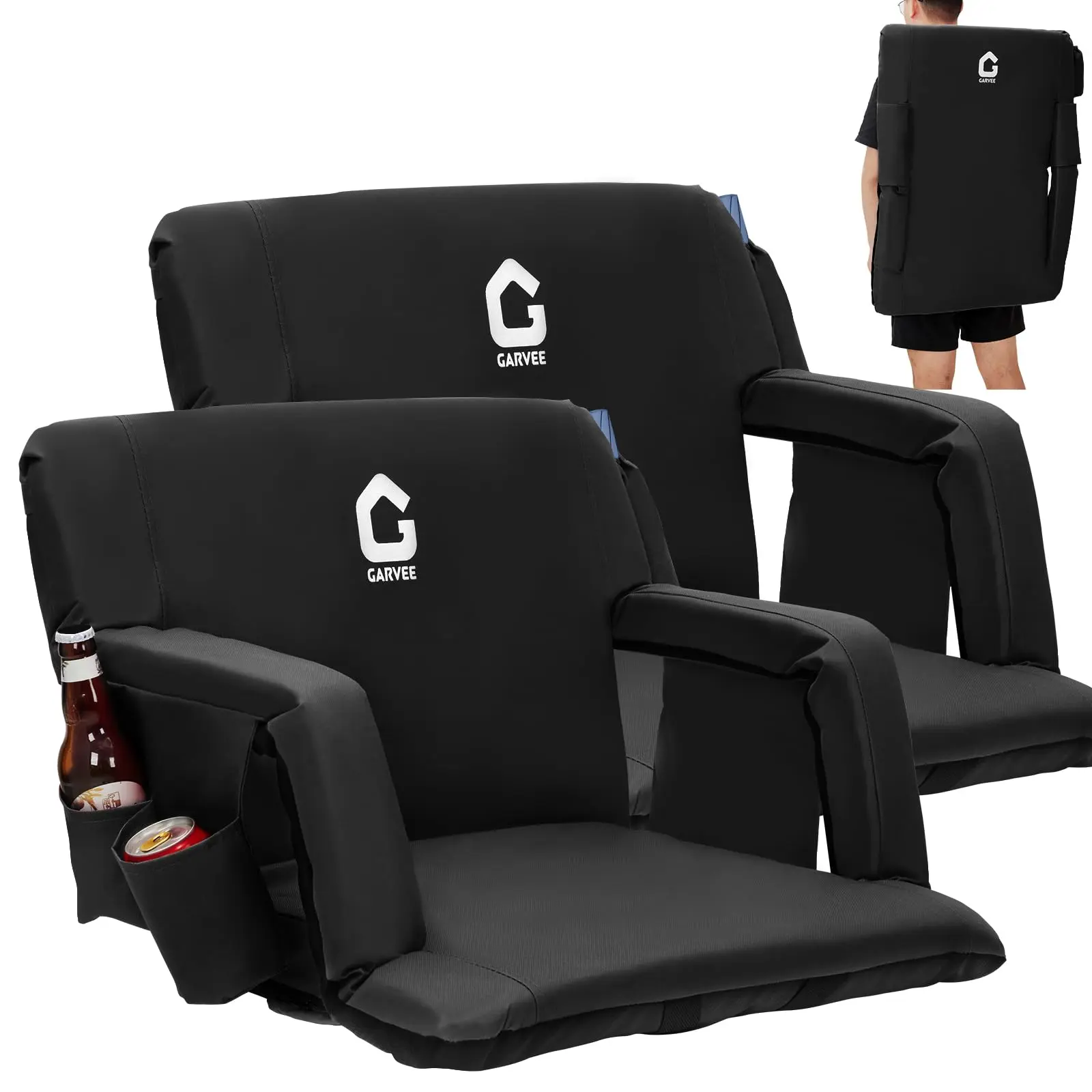 Garvee 2-Pack Wide Stadium Seats for Bleachers with Adjustable 6-Position Reclining Back Support, Armrests, Extra Thick Padding, Cup Holder & Storage Pockets - Portable and Comfortable Bleacher Chairs for Sports Events