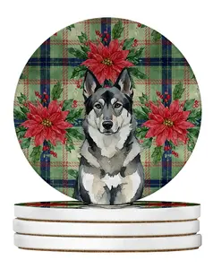 Carolines Treasures WDK8732RCS4 4 x 4 in. Norwegian Elkhound Christmas Poinsettias Large Sandstone Coasters, Pack of 4