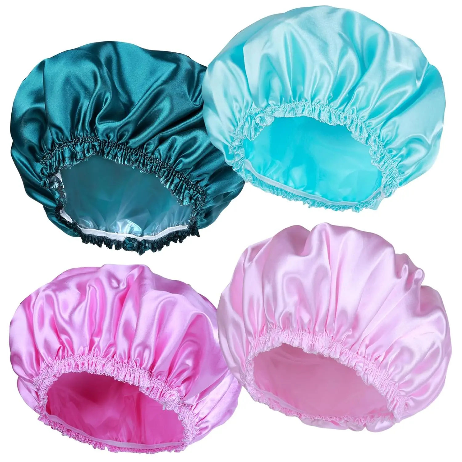 4 Pack Shower Caps for Women, Reusable Waterproof Bath Caps with Double Layer, Wide Elastic Band, Large Hair Cover for Long Hair, Washable Shower Cap for Bath, Spa, Travel & Home