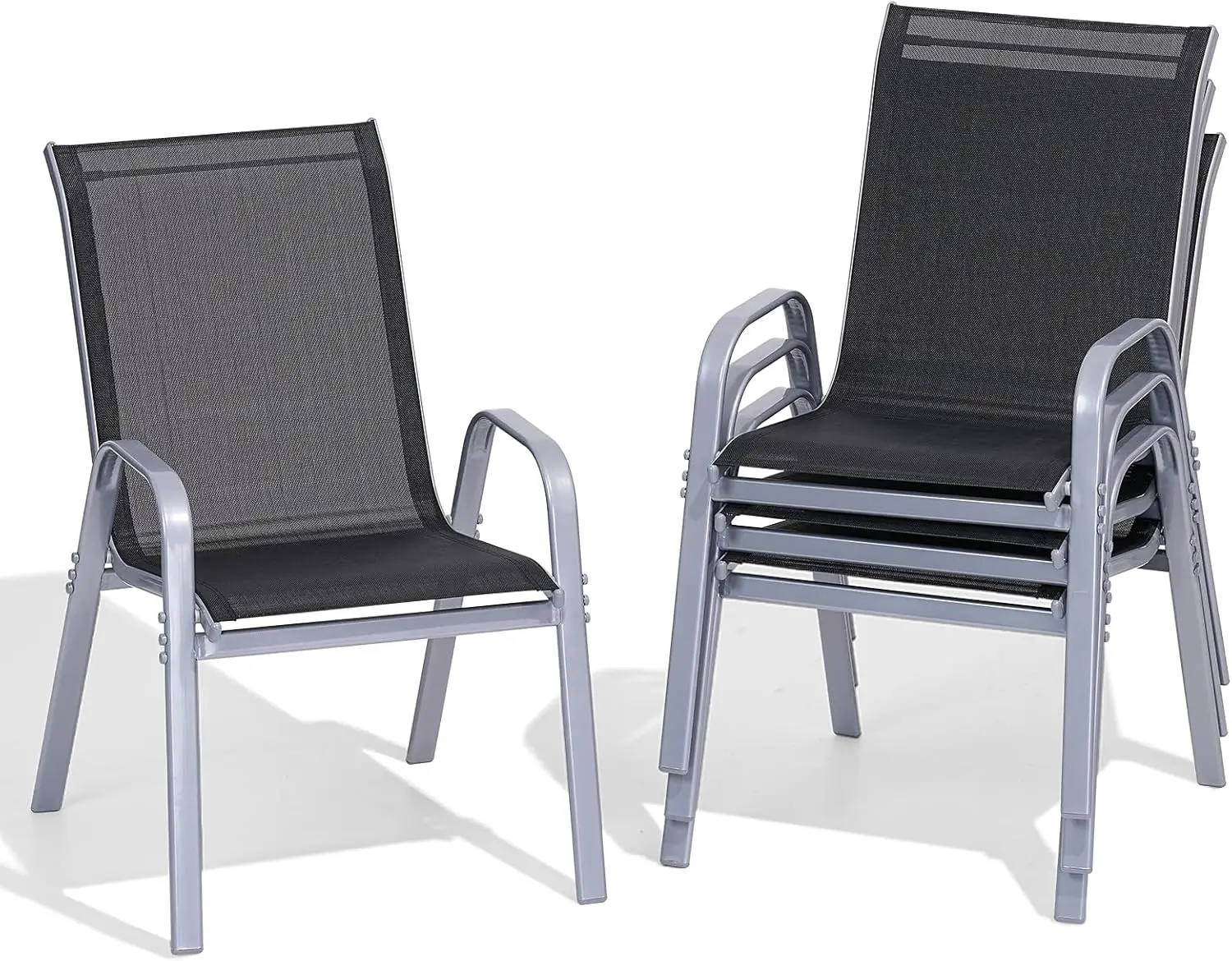 ONBRILL Modern Outdoor Chairs Set (2/4/6 Pcs) - Fixed Arms, Wide Seat, Sturdy Metal Frame, Breathable All-Weather Textilene, Stackable, Requires Assembly - Ideal for Deck, Pool - Grey, Father's Day Gift