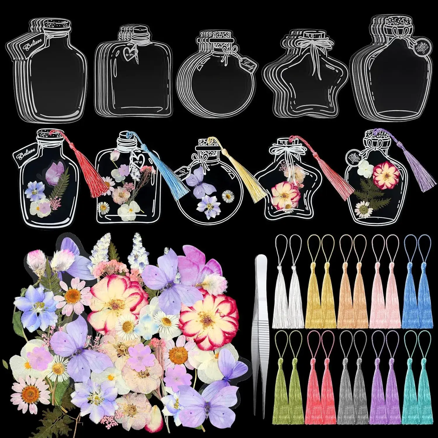 91 Pcs DIY Handmade Transparent Dried Flower Bookmark Set Include Butterflies Clear Bookmarks Dried Flowers Colorful Tassels and Tweezer for Book Bottle Supplies(Gentle Colors)
