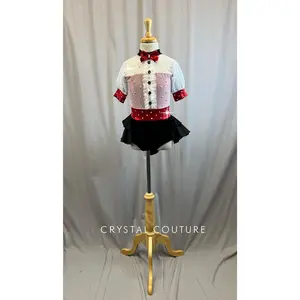 White, Red and Black Leotard with Half Skirt - Rhinestones