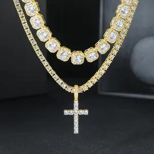 Men's Chunky Cross Design Necklace Jewelry Set - Sparkling Cuban Gold Chain Detail, Diamond Cross Pendant, Zinc Alloy Punk Hip Hop Daily Wear Accessory