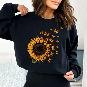 Sunflower and Flying Butterflies Sweatshirt, Cute Sunflower Sweater, Sunflower and Butterfly Shirt, Gift for Her
