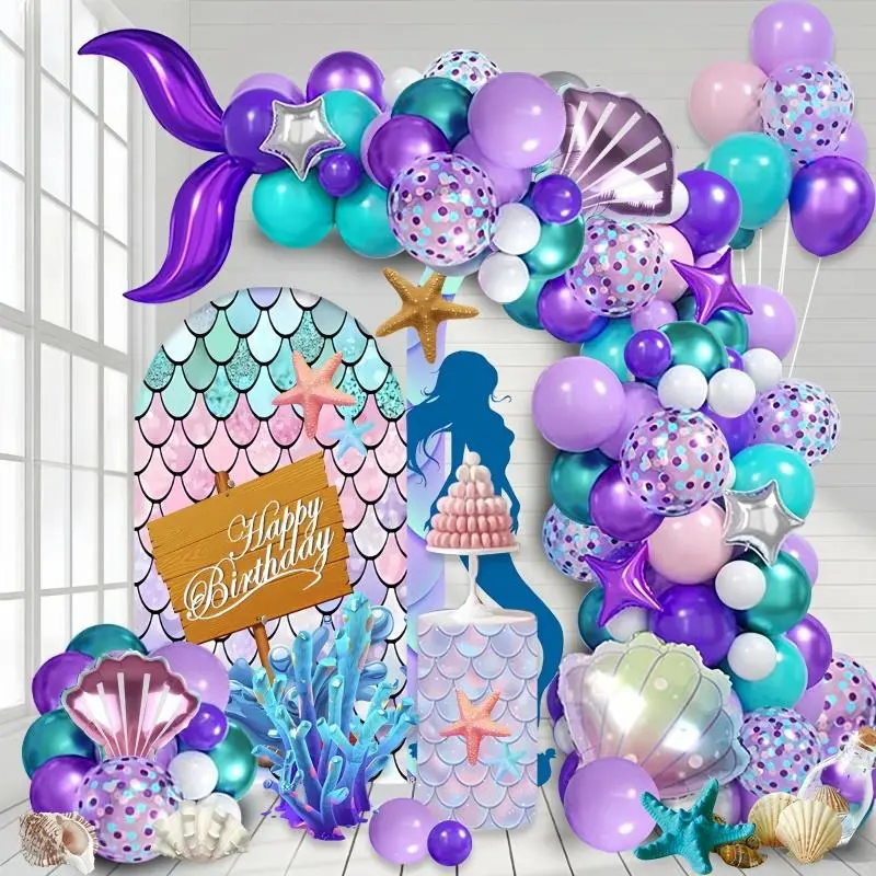 111 pieces/set mermaid themed balloon arch set, Balloon Arch Decoration, 18 inches purple S-shaped tail shell aluminum foil balloons paired with pink purple latex balloons are perfect for baby showers, mermaid themed birthday parties