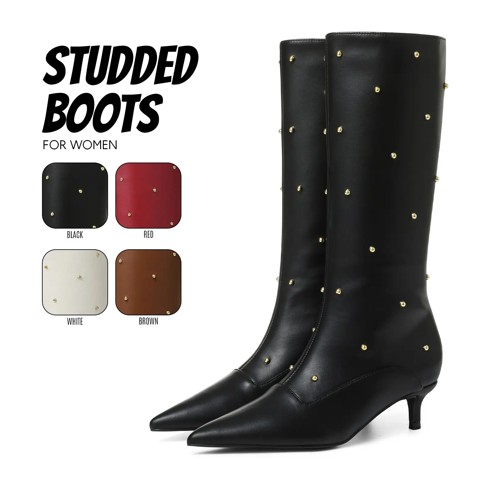 Womens Studded Boots Rhinestones Mid Calf Boot Pointed Toe Stiletto Kitten Heel Long Boots with Gold Ball Rivets Chic Faux Leather Tall Pull-On Dressy Work Casual Party Gifts Fashion Fall Spring Summer Shoes for Girls