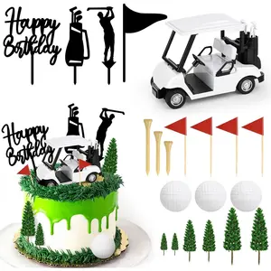 F-PSD29  21 Pack Golf Cake Decorations Set with Golf Cart Toy Flag Golf Ball Green Tree, Golf Birthday Cake Toppers for Golf Theme Birthday Party Decoration Supplies Bamboo Eye