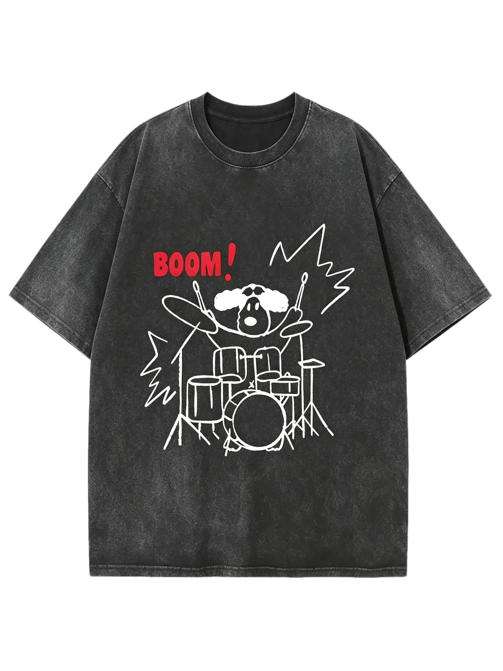 Menswear Vintage Washed Round Neck Short Sleeve T-Shirt - Unisex Casual Cartoon Drummer BOOM Graphic, Oversized Distressed Black Rock Drum Line Art Music Lover Streetwear Top, Shortsleeve