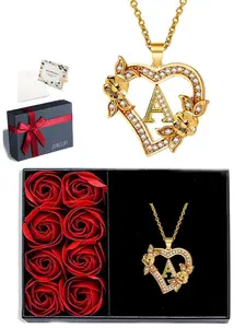 Heart Initial Love Necklace with Rose Jewelry Box, Perfect Gift for Women, Girls, Mother's Day, Anniversary, Valentine's Day, Christmas, Birthday
