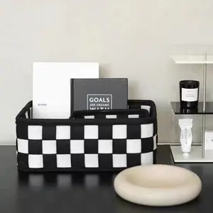 Fashion Grid Storage Basket Organiser, Chessboard Style, Felt Material, Foldable, Odorless, Home Closet, Desktop, Cosmetics, Snacks