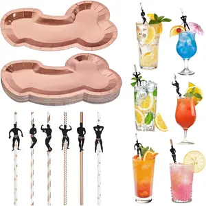 Bachelorette Party Decorations Supplies: 12 PCS Disposable Rose Gold Paper Plates with 12 PCS Bachelorette Naughty Straws, Paper Plates for Hens Girls, Sign Decorations Bridal Shower Supplies