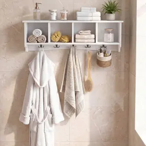 New Wall-Mounted Wooden Shelf Coat Rack, 4 Cubbies, 5 Double Hooks, Home Shelves Organiser for Room Decor