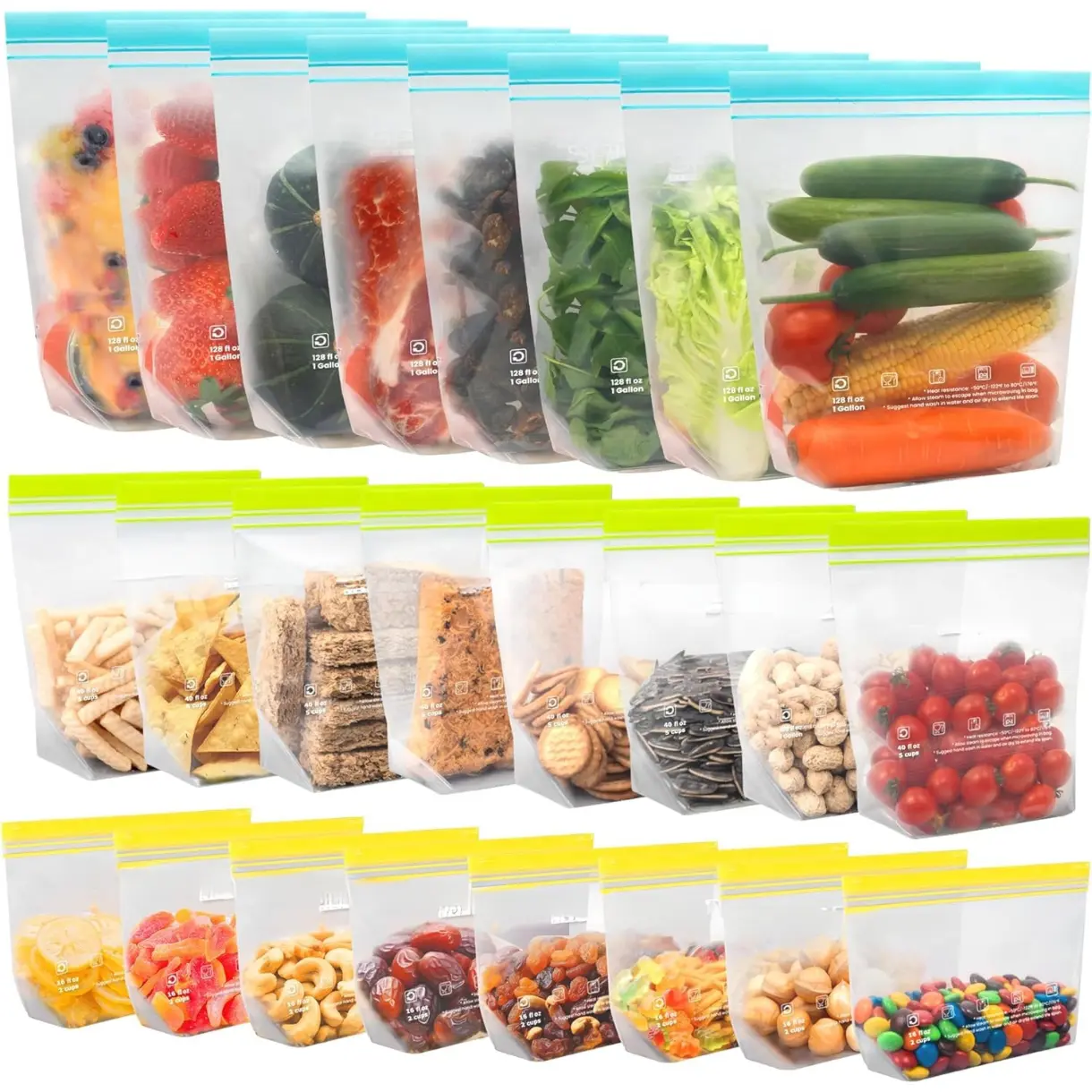 24 Pack Reusable Food Storage Bags Dishwasher Microwave Safe, BPA Free Reusable Freezer Bags, Silicone Free Containers for Meal Prep, Fridge Kitchen Organization - 8 Gallon 8 Sandwich 8 Snack