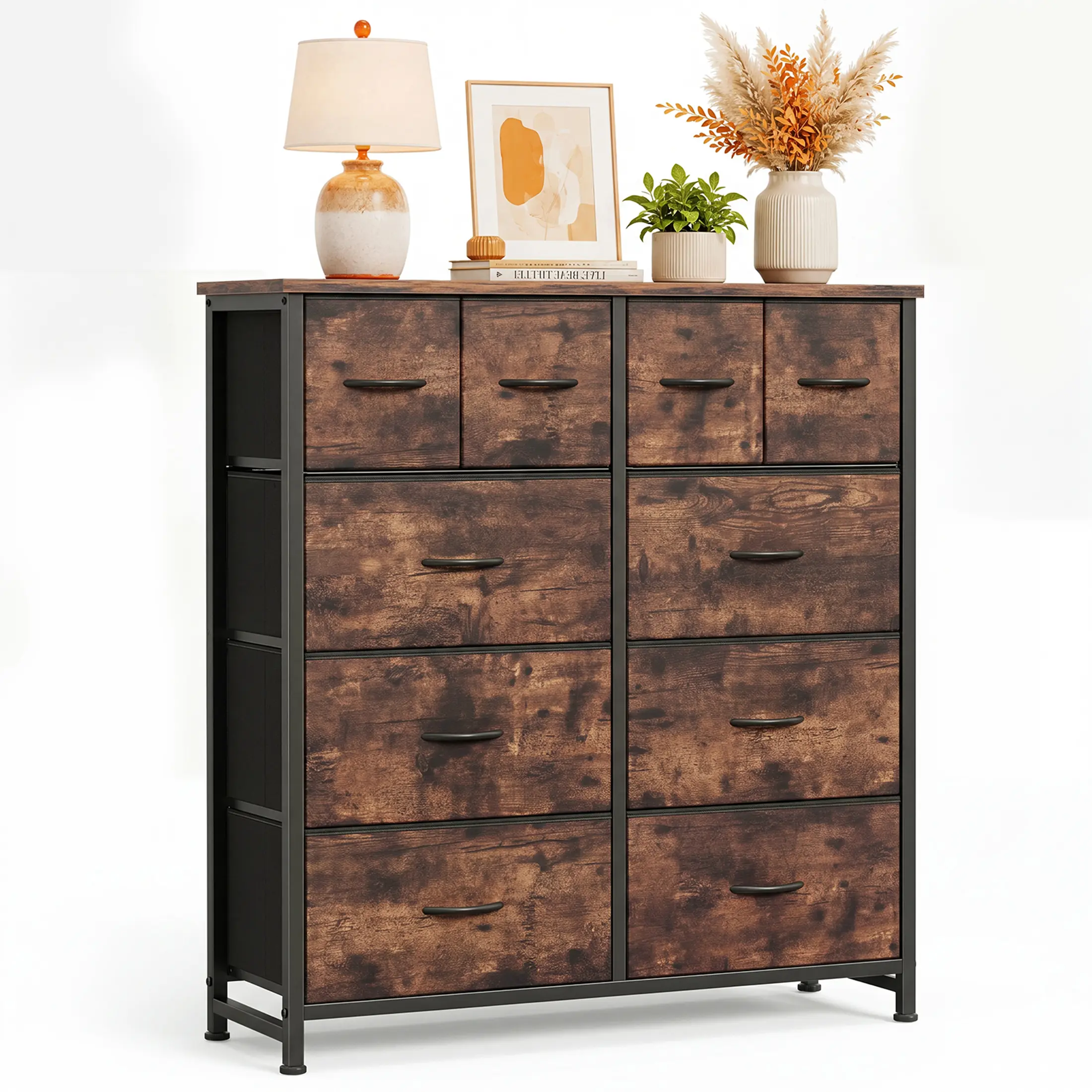 10-Drawer Fabric Cabinet - Versatile Wood Accent Storage Tower Organizer, TV Stand with Assembly Required (Gray, Black Options) for Bedrooms, Bathrooms, Living Rooms - Modern Design, Drawers, Floor Standing
