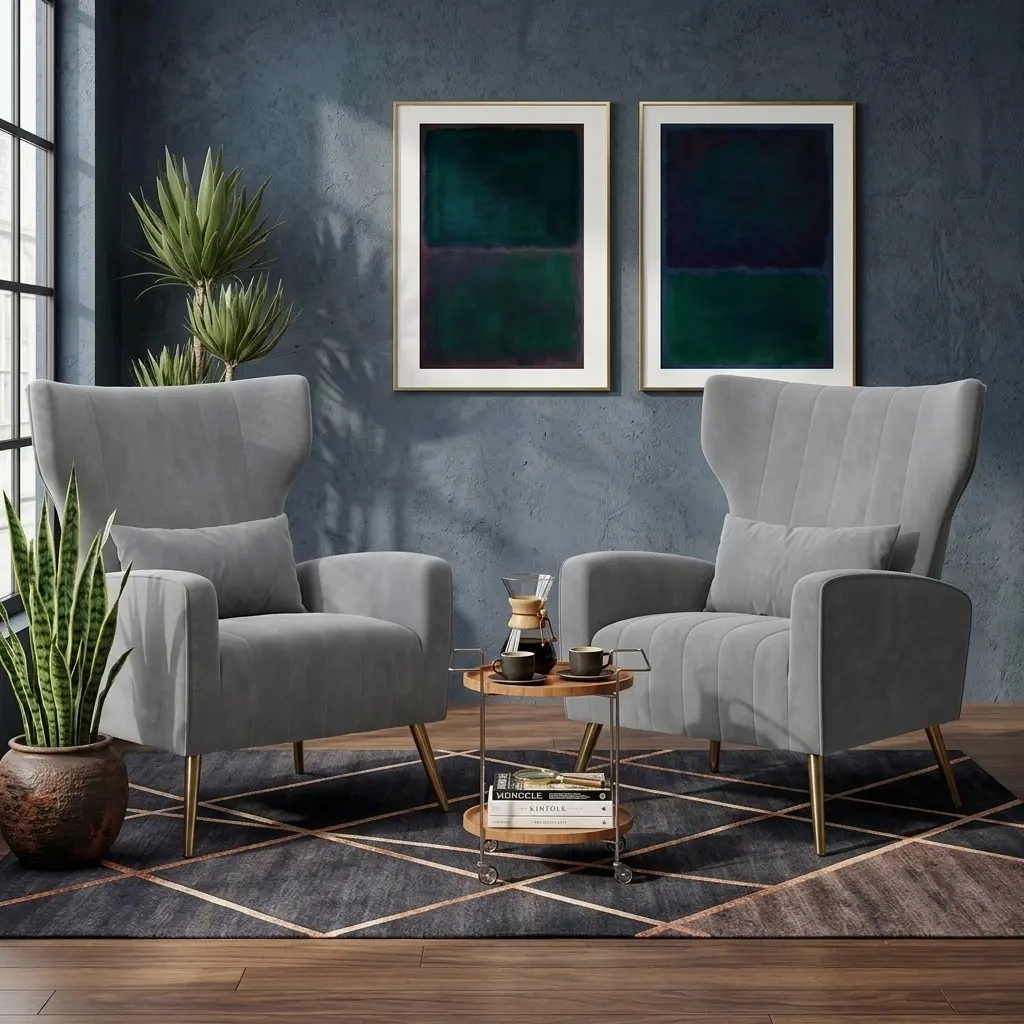 Mid Century Modern Velvet Wingback Armchair - Cozy Reading Chair with Metal Legs, Spring Support, Spot Clean, Easy Assembly for Living Room, Bedroom