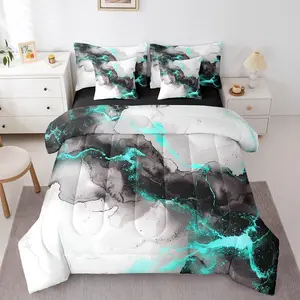 Feelyou 7pcs Black, Grey and Teal Marble Aesthetic Bed in a Bag, Modern Marbling Watercolor Foil Print Stone Bedding Comforter Set, Bed Comforter Set