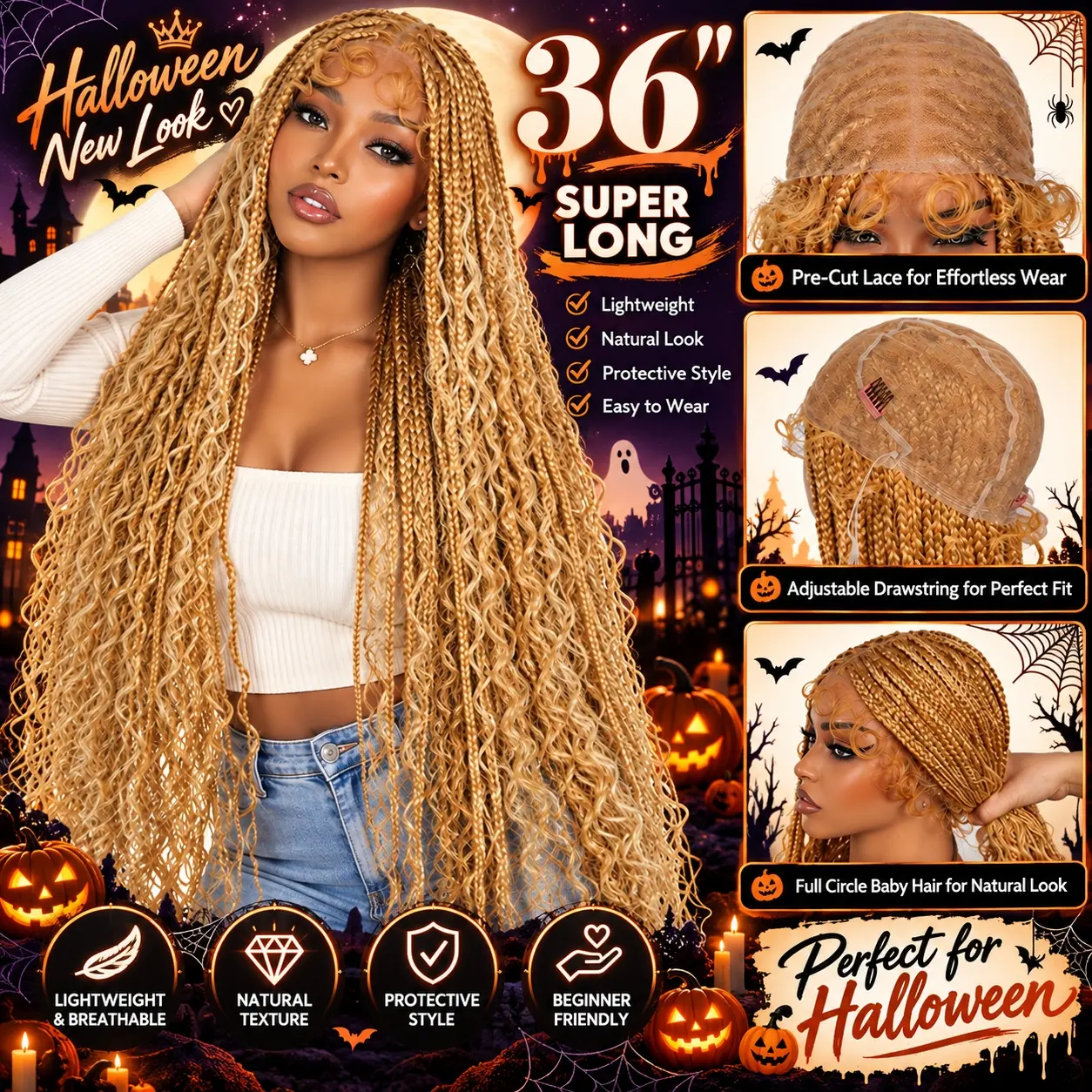 #T274/614 36 Inches Full Lace Premium Synthetic Fiber Bohemian Box Braided Wigs Knotless SuperNova Hair Ash Blonde Wig DM to Pre-cut Lace Lace Frontal Wigs Lace Closure Wig #TikTokShopStockUp #DealsForYouDays #HalloweenLook,sohochic