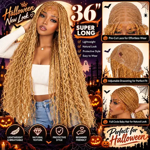 #T274/614 36 Inches Full Lace Premium Synthetic Fiber Bohemian Box Braided Wigs Knotless SuperNova Hair Ash Blonde Wig DM to Pre-cut Lace Lace Frontal Wigs Lace Closure Wig #TikTokShopStockUp #DealsForYouDays #HalloweenLook